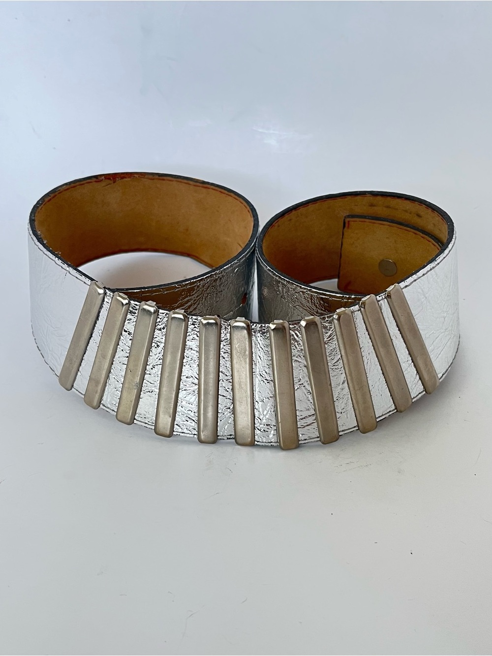 Vtg Belt Silver Metallic Leather Asymmetrical Modernist Brutalist Belt Buckle